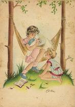 Kinderen met boek en hangmat - Erika - gelopen, Gelopen, Kinderen, Ophalen of Verzenden, 1920 tot 1940