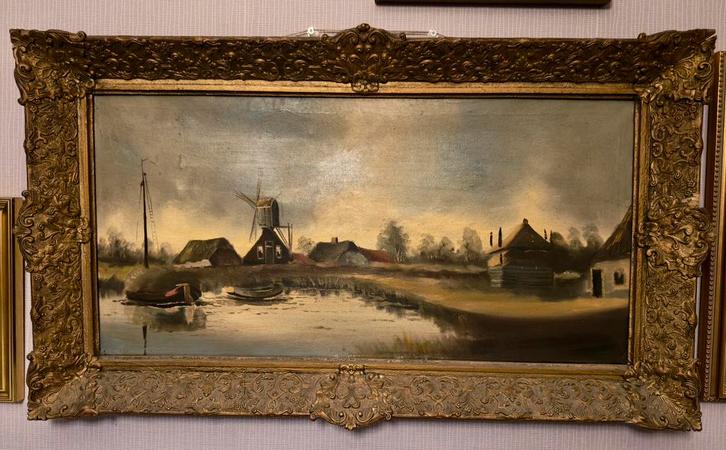 Grote oud-Hollandse rivierlandschap met molen – olie op doek, Antiek en Kunst, Kunst | Schilderijen | Klassiek, Ophalen of Verzenden