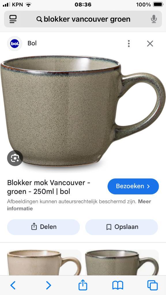 Mok met oor Vancouver Blokker groen 4 stuks, Huis en Inrichting, Keuken | Servies, Nieuw, Kop(pen) en/of Schotel(s), Overige stijlen