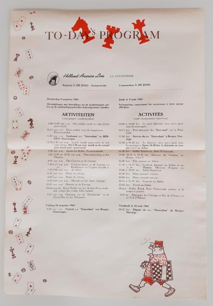 Flyer dagprogramma Holland Amerika Lijn - ss Statendam, Verzamelen, Scheepvaart, Gebruikt, Overige typen, Verzenden
