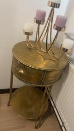 Goud bijzet tafel met lade, Ophalen, Minder dan 55 cm, Metaal of Aluminium, Rond