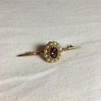 Antiek broche amethist parel goud 9k vintage, Sieraden, Tassen en Uiterlijk, Antieke sieraden, Verzenden, Goud, Broche