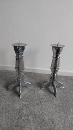 Set van 2 Zilverkleurige Kandelaars, Huis en Inrichting, Ophalen, Gebruikt, Zilver, Kandelaar