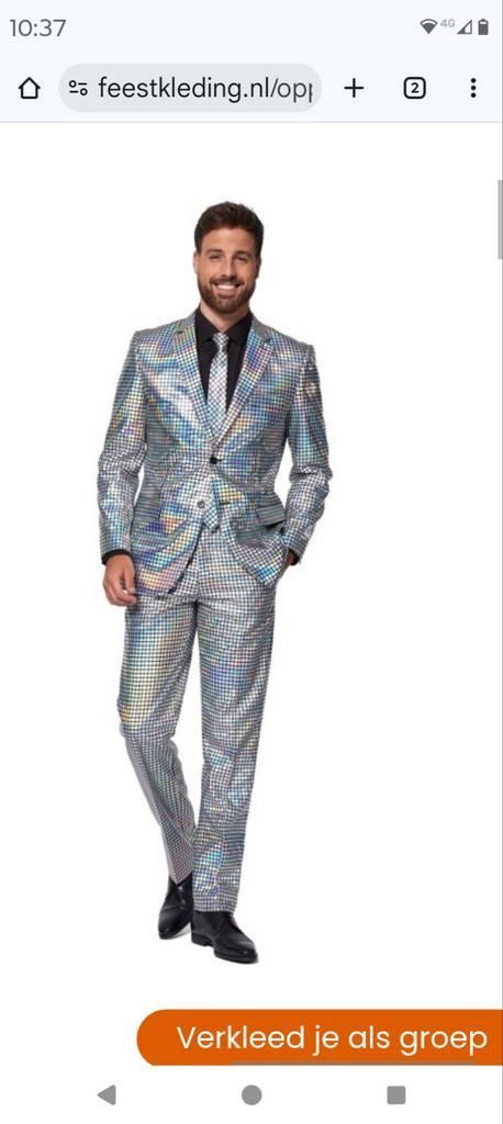 Feest pak, broek, colbert, strik, reflecterend zilver, Kleding | Heren, Kostuums en Colberts, Zo goed als nieuw, Maat 52/54 (L)