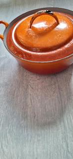 Vintage Oranje Emaille Braadpan met Deksel - 27cm, Ophalen of Verzenden, Gebruikt, Gietijzer, Koekenpan of Braadpan