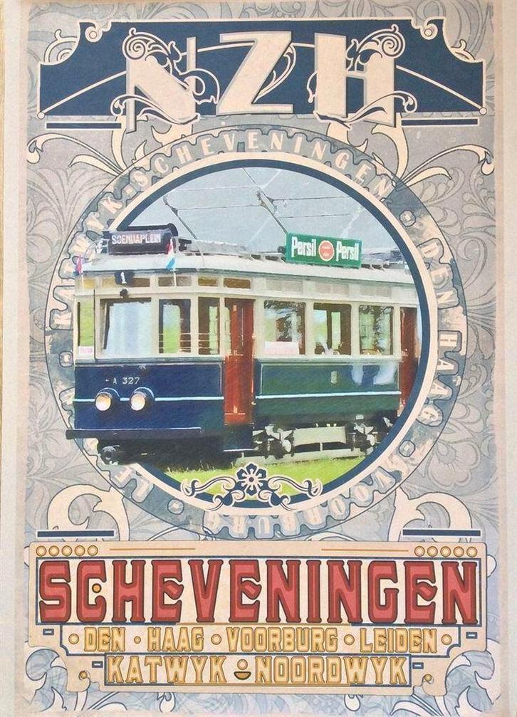 NZH De Blauwe Tram Affiche Poster Litho HTM Spoorwegen, Antiek en Kunst, Kunst | Litho's en Zeefdrukken, Ophalen of Verzenden