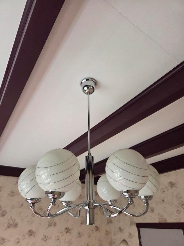Vintage hanglamp met 6 bollen, Huis en Inrichting, Lampen | Hanglampen, Gebruikt, 50 tot 75 cm, Metaal, Ophalen of Verzenden