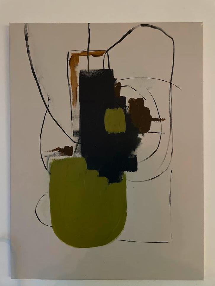 Abstract Schilderij - Groen, Bruin, Zwart, Antiek en Kunst, Kunst | Schilderijen | Abstract, Ophalen