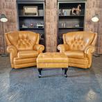 Chesterfield Set Draaibare Fauteuils + Hocker – Golden Oak, 100 tot 125 cm, Chesterfield, Nieuw, Leer