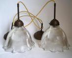 duo vintage antiek holophane hanglamp glas ribbel stof snoer, Huis en Inrichting, Lampen | Hanglampen, Gebruikt, Ophalen of Verzenden