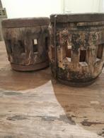 Kaarsenhouder/decoratie van oud robuust hout met ijzer., Ophalen, Zo goed als nieuw