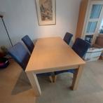 Eettafel + 4 blauwe suede stoelen, 4 tot 6 stoelen, Zo goed als nieuw, Ophalen