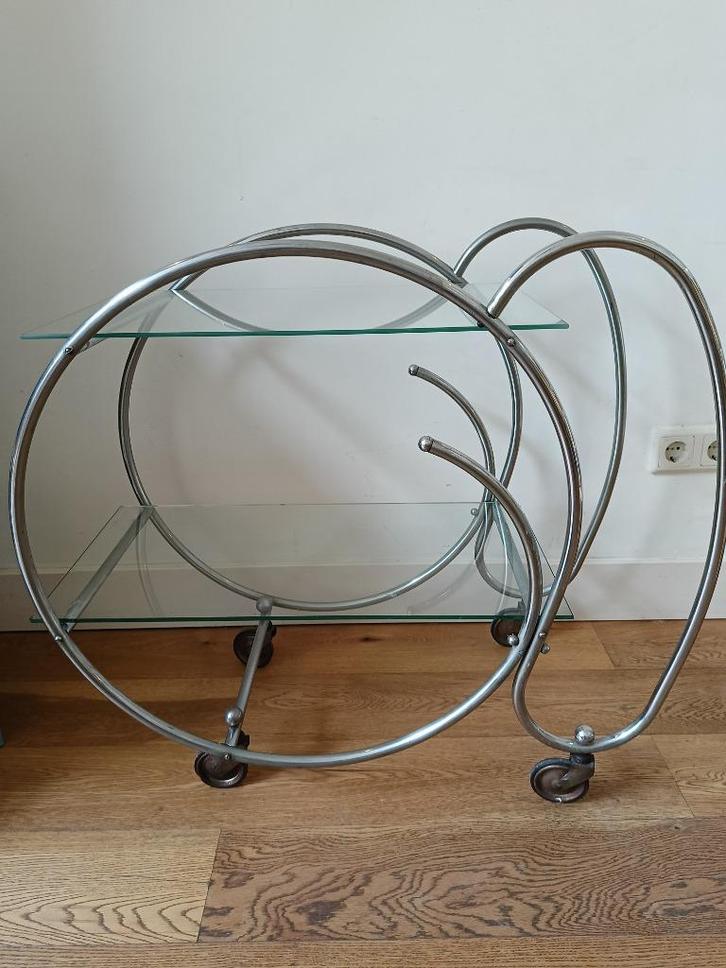 Vintage salontafel, bijzettafel chroom en glas, Huis en Inrichting, Tafels | Bijzettafels, Gebruikt, Rond, 60 cm of meer, Minder dan 55 cm