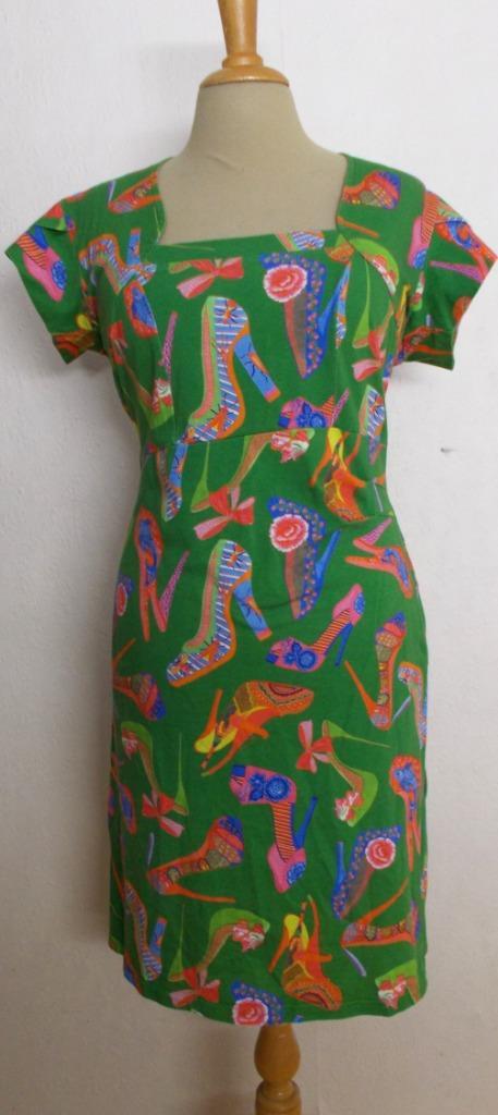 Vrolijk schoenen print groen jurkje van Lien & Giel! M, Kleding | Dames, Jurken, Zo goed als nieuw, Maat 38/40 (M), Groen, Knielengte