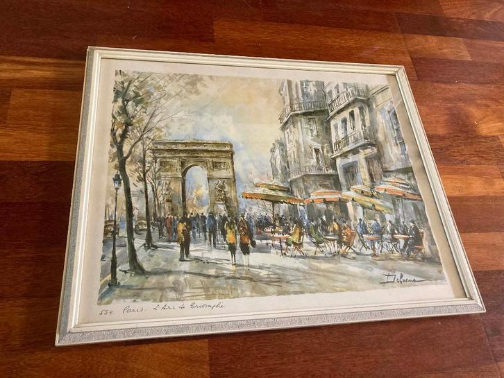 Print van aquarel van L’Arc de Triomphe in Parijs, jaren ’50, Verzamelen, Foto's en Prenten, Gebruikt, Prent, Buitenland, 1940 tot 1960