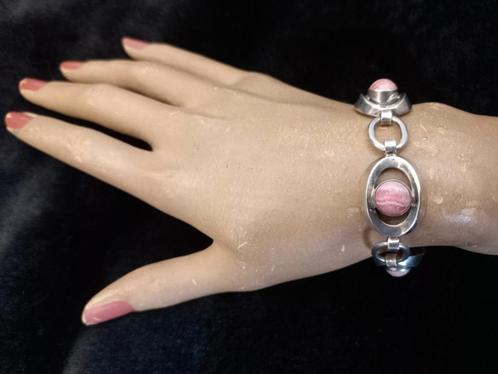 Zilveren schakelarmband met rhodochrosiet, Sieraden, Tassen en Uiterlijk, Antieke sieraden, Armband, Zilver, Met edelsteen, Ophalen of Verzenden