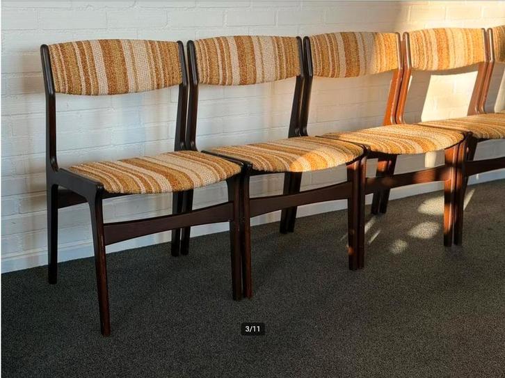 Zes vintage eetkamerstoelen (retro), Huis en Inrichting, Stoelen, Gebruikt, Vijf, Zes of meer stoelen, Hout, Stof, Ophalen