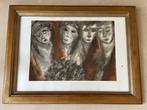 Gouache 4 vrouwengezichten rechtsonder gesigneerd ingelijst, Verzenden