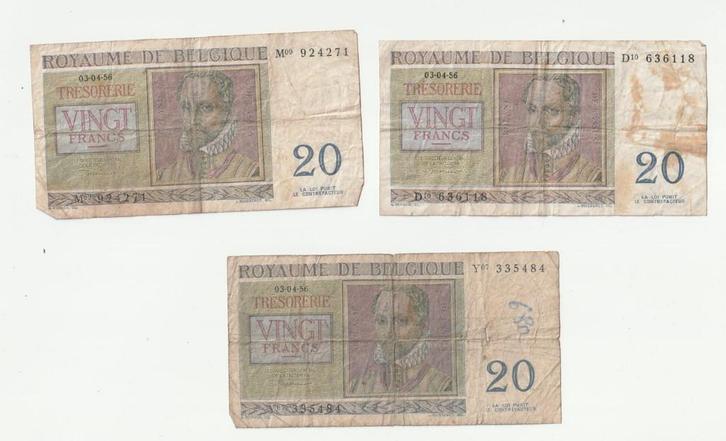 3 biljetten België 20 frank / vingt francs, Postzegels en Munten, Bankbiljetten | België, Setje, Verzenden