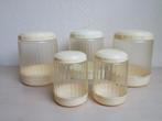 Vijf vintage voorraad busjes, jaren '50. D.B.P. Plastics, Verzamelen, Retro, Ophalen of Verzenden, Huis en Inrichting