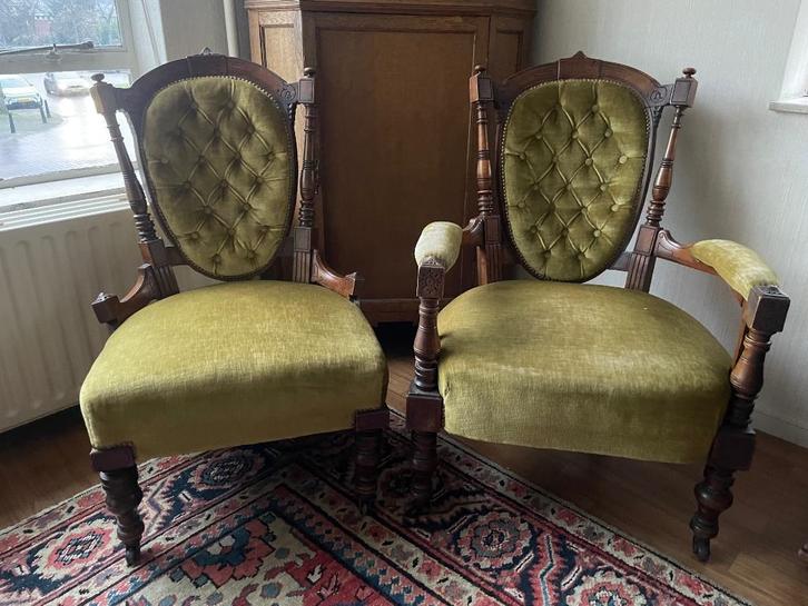 Antieke dames- en herenfauteuil, Huis en Inrichting, Fauteuils, Gebruikt, Hout, Stof, 50 tot 75 cm, Ophalen