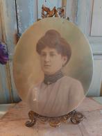 Antiek ovaal portret glacoïde op metaal , 33 cm, Ophalen of Verzenden