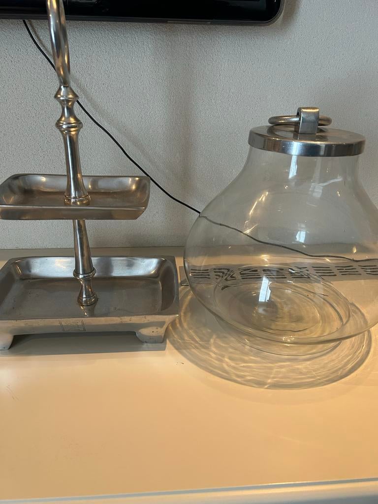 Rivièra Maison Cordoba voorraadpot en etagère, Huis en Inrichting, Woonaccessoires | Overige, Gebruikt, Glas, Zilver, Landelijk