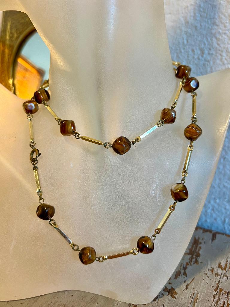 Vintage goudkleur ketting collier glaskralen Costume jewelry, Ophalen of Verzenden, Zo goed als nieuw, Goud, Overige materialen