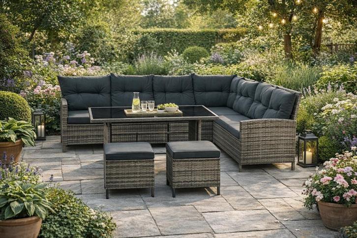 Tuinset, Tuin en Terras, Tuinsets en Loungesets, Nieuw, Tuinset, Wicker, 8 zitplaatsen, Bank, Eettafel, Hocker, Ophalen