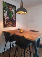 Massief houten Bartafel met 4 Lederen stoelen, Ophalen, Industrieel, modern, Eikenhout, 50 tot 100 cm