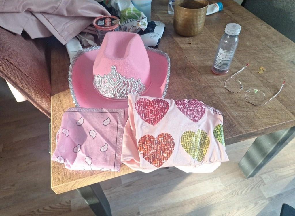 K3 outfit met roze cowboyhoed en bandana, Kinderen en Baby's, Carnavalskleding en Verkleedspullen, Ophalen of Verzenden, Zo goed als nieuw