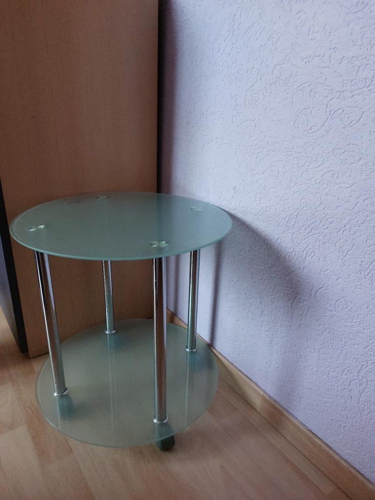 Glazen bijzettafel met wieltjes, Minder dan 45 cm, Minder dan 55 cm, Rond, Ophalen of Verzenden