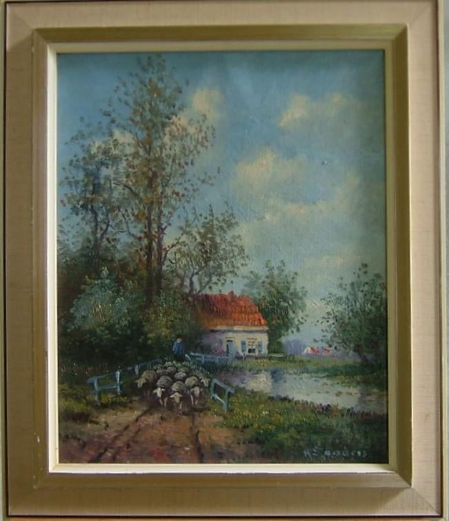 Herman Sanders - kudde schapen - olieverf schilderij op doek, Ophalen of Verzenden