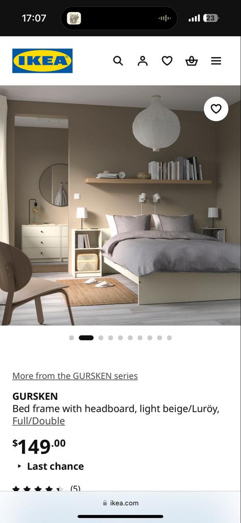 IKEA Bedframe GURSKEN met Matras VESTERÖY - Zo goed als nieu, Ophalen, Beige, Tweepersoons, 140 cm