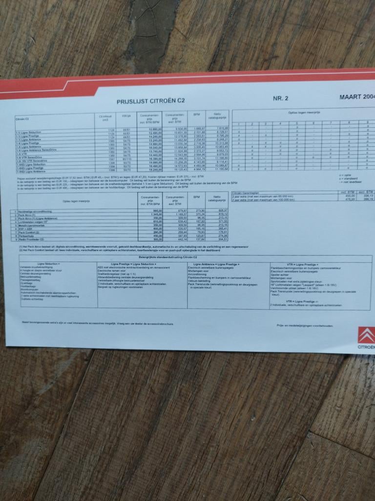 Citroën C2 Prijslijst - Maart 2004 (2 pagina's), Ophalen of Verzenden, Zo goed als nieuw, Citroën, Citroën