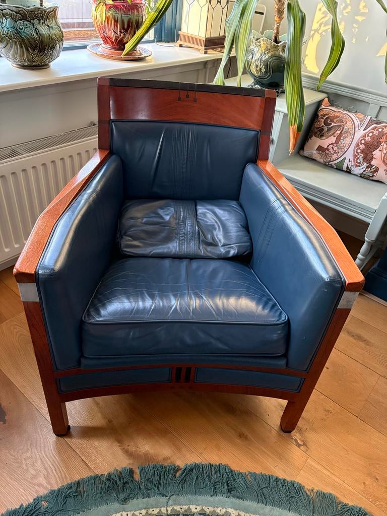 Schuitema fauteuil model Rennie, blauw leer, Ophalen, Gebruikt, Leer, 75 tot 100 cm