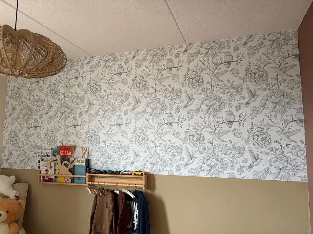 Behang met vogel- en bloemenpatroon, Ophalen, Minder dan 10 m², Wit