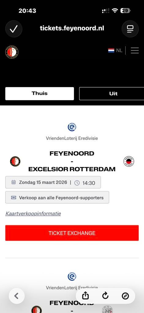 Tickets Feyenoord, Tickets en Kaartjes, Losse kaart, Twee personen, Maart