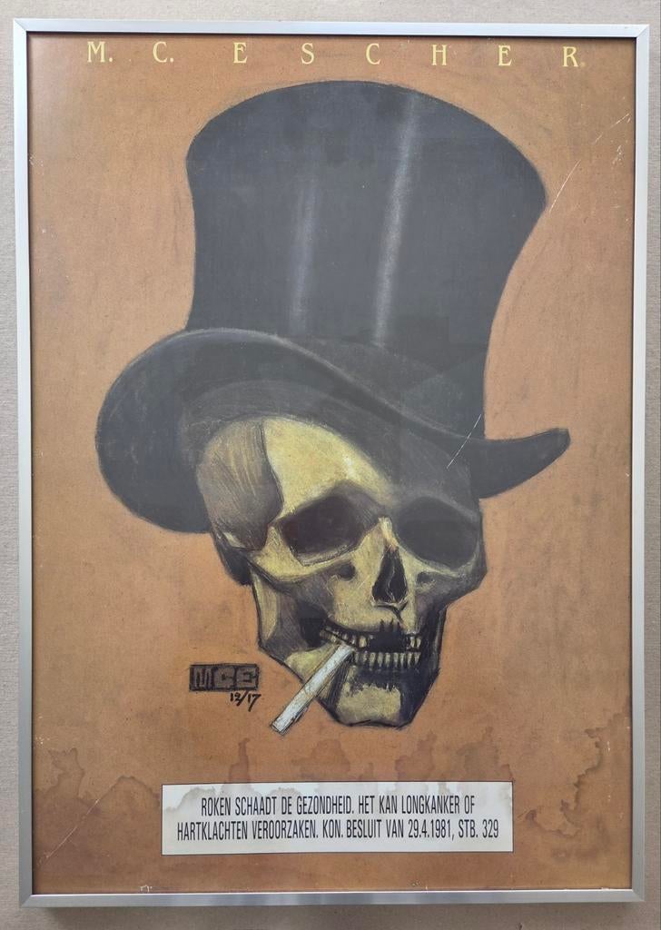 MC Escher. Rokend doodshoofd. Poster. Drukgesigneerd., Ophalen