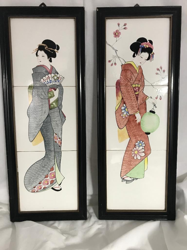 japanse geishaś op tegels in lijst, Antiek en Kunst, Ophalen of Verzenden
