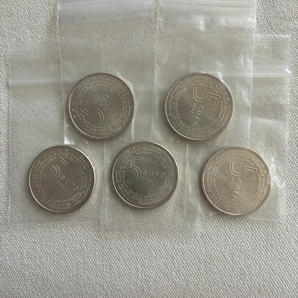5x Europamunt 2004 | Nederland | 5 Euro | UNC, Koningin Beatrix, Zilver, Euro's, Ophalen of Verzenden