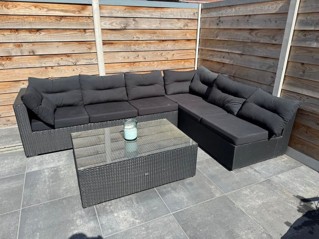 Rieten loungeset met kussens zwart, Tuin en Terras, Tuinsets en Loungesets, Ophalen, Gebruikt, 5 zitplaatsen, Loungeset