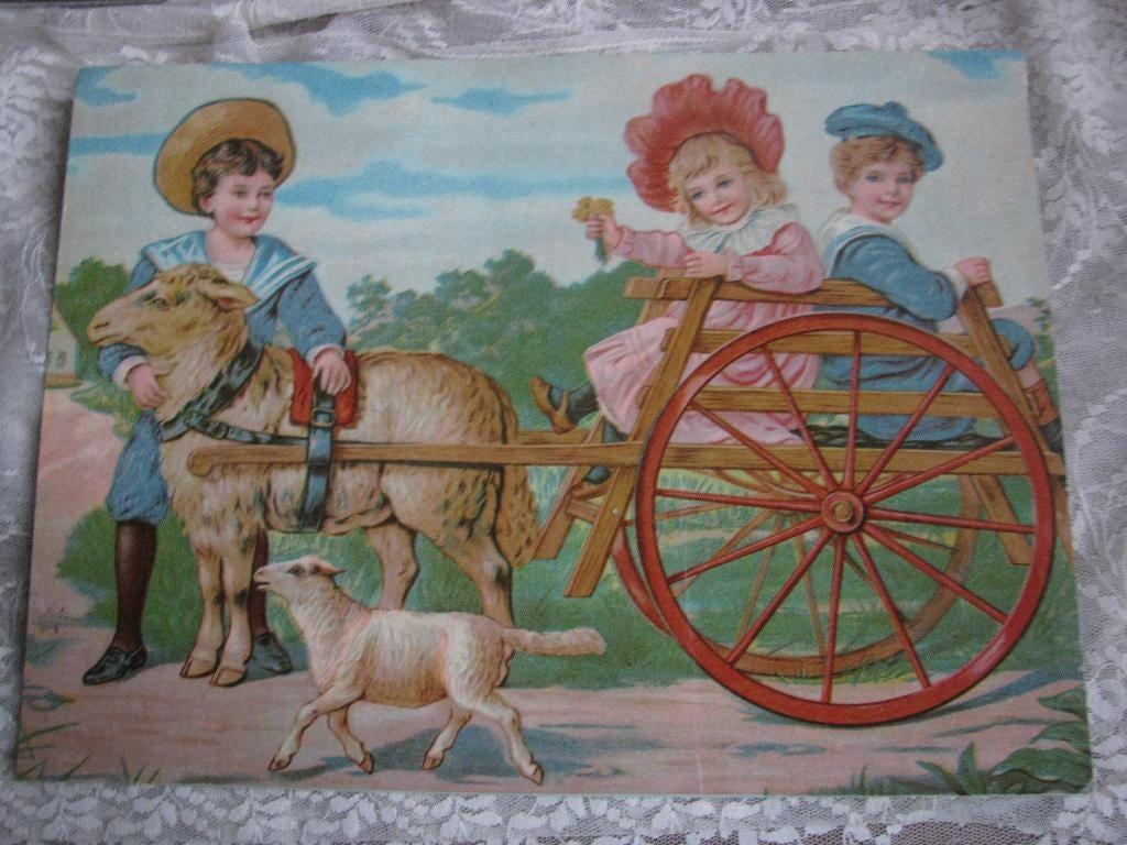 Antieke Blokkendoos Prent / Afbeelding - Kinderen Schaap Kar, Gebruikt, Verzenden, Voor 1940, Prent