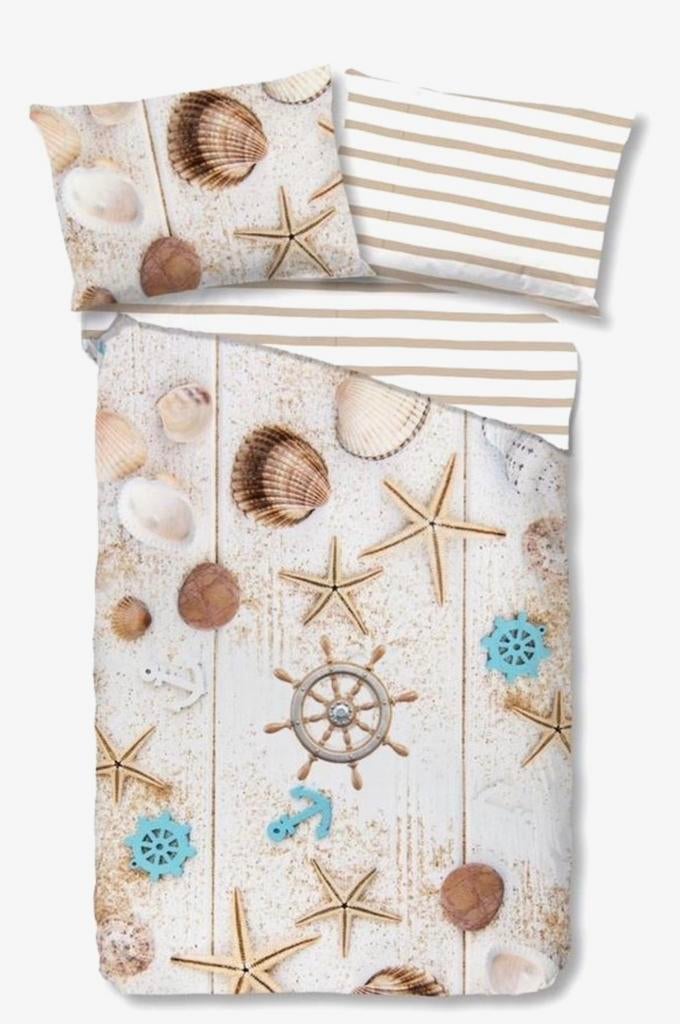 Dekbedovertrek lits jumeaux ecru strand/beach motief, Beige, Dekbedovertrek, Tweepersoons, Ophalen of Verzenden