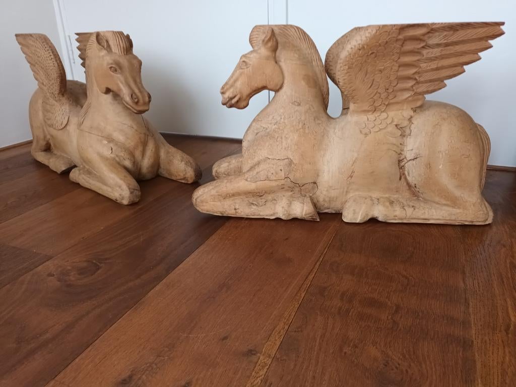 Antieke Houten Pegasus Beelden - Set van 2, Ophalen