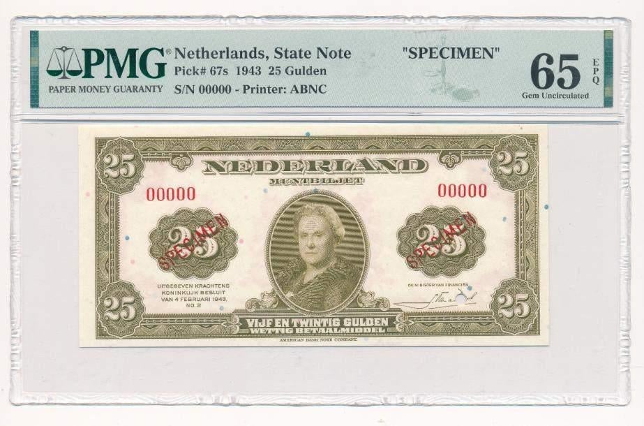 Nederland 25 gulden 1943 Wilhelmina Specimen PMG 65 EPQ, Postzegels en Munten, Bankbiljetten | Nederland, Ophalen of Verzenden