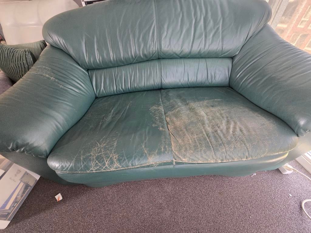 Groen lederen 2-zits bankstel - Soventis Piet Klerkx, Ophalen, Gebruikt, 150 tot 200 cm, Tweepersoons