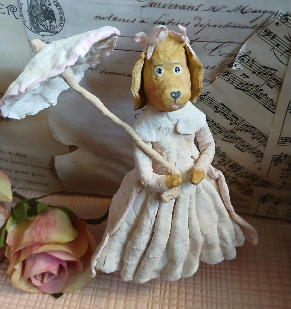 Geweldig brocante wattenpop Poedel met parasol Spuncotton, Ophalen of Verzenden