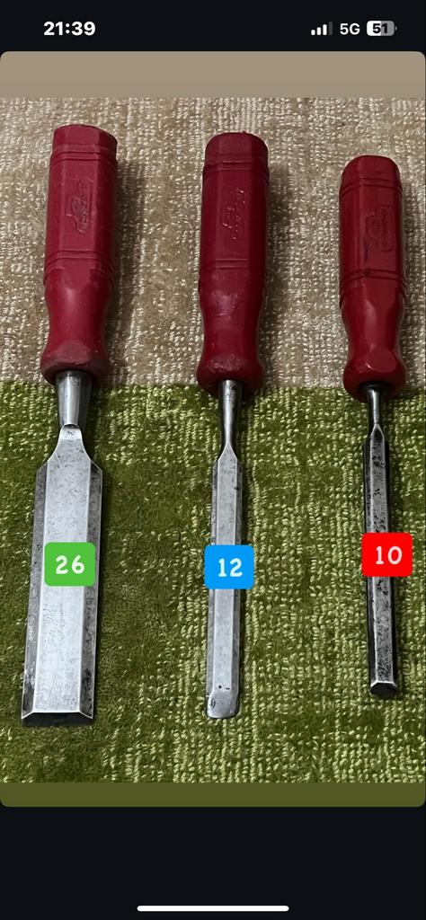 Vintage Nooitgedagt 3 beitels met rode handvatten, Ophalen of Verzenden, Gebruikt