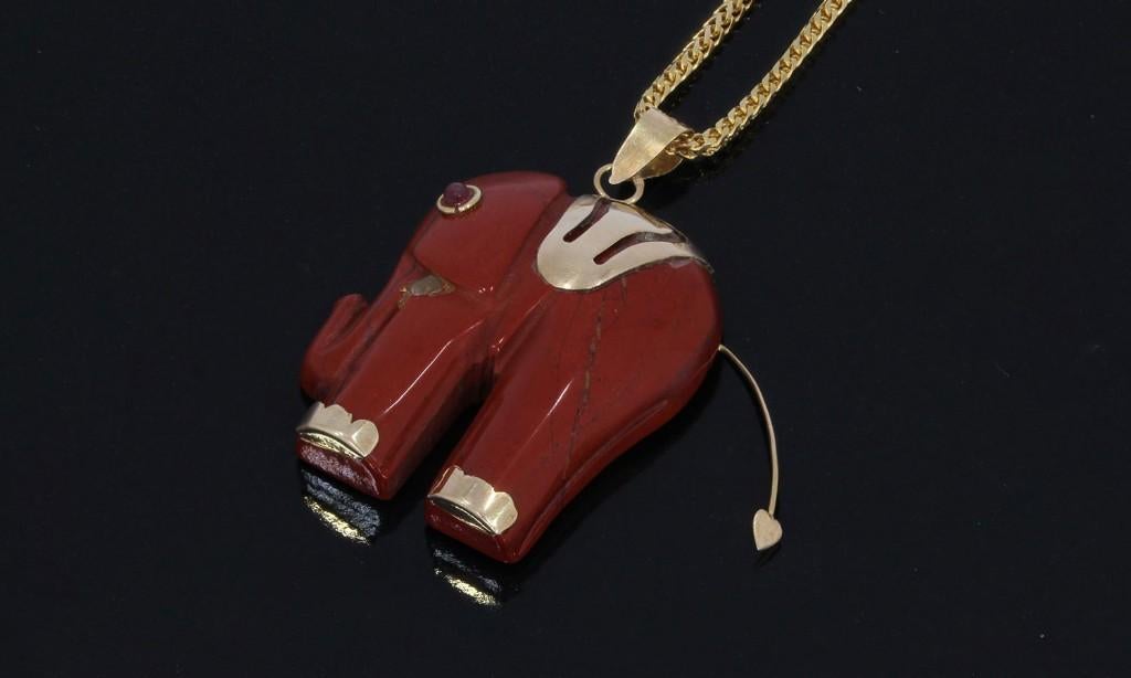 Olifant agaat 14k gouden grote ketting hanger vintage, Sieraden, Tassen en Uiterlijk, Antieke sieraden, Verzenden, Goud, Hanger